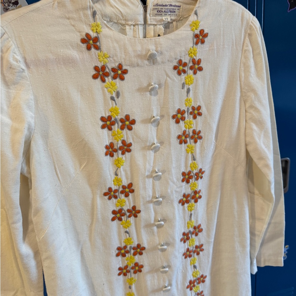 Vintage Mexican Cream Maxi Shift Dress with Floral Embroidery - Picture 2 of 7